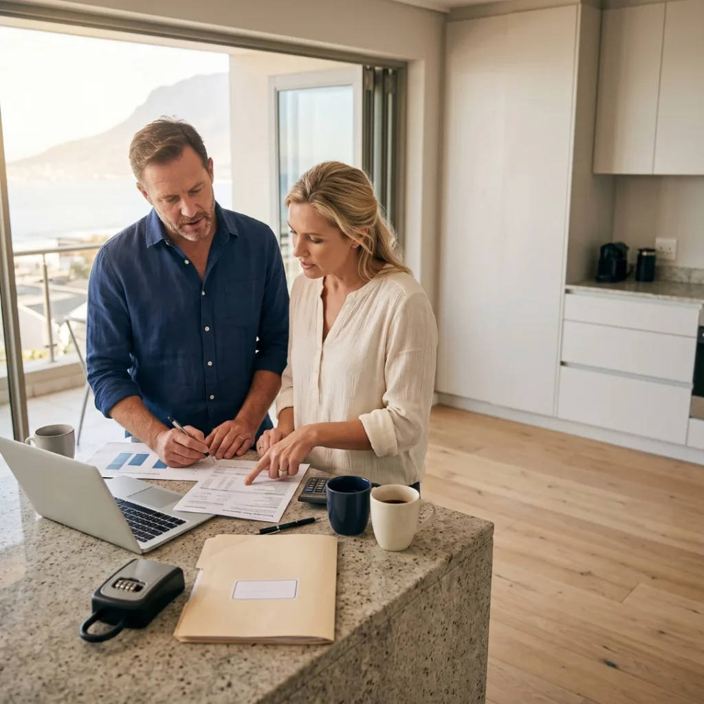 Cape Town 183-day rule short-term letting. - Cape Town apartment owners reviewing a municipal rates statement and rental income