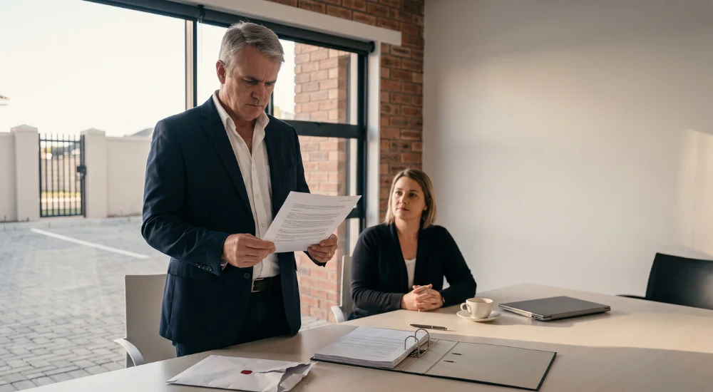 Cold Calling. Real estate agency owner, reading an Information Regulator notice about a POPIA Section 109 administrative fine while an office manager waits.
