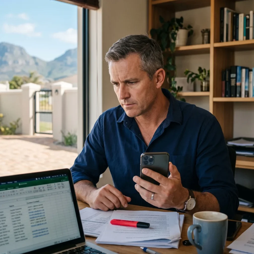 Cold Calling. Real estate agent holding a phone over a contact list and a marked-up POPIA and CPA compliance document