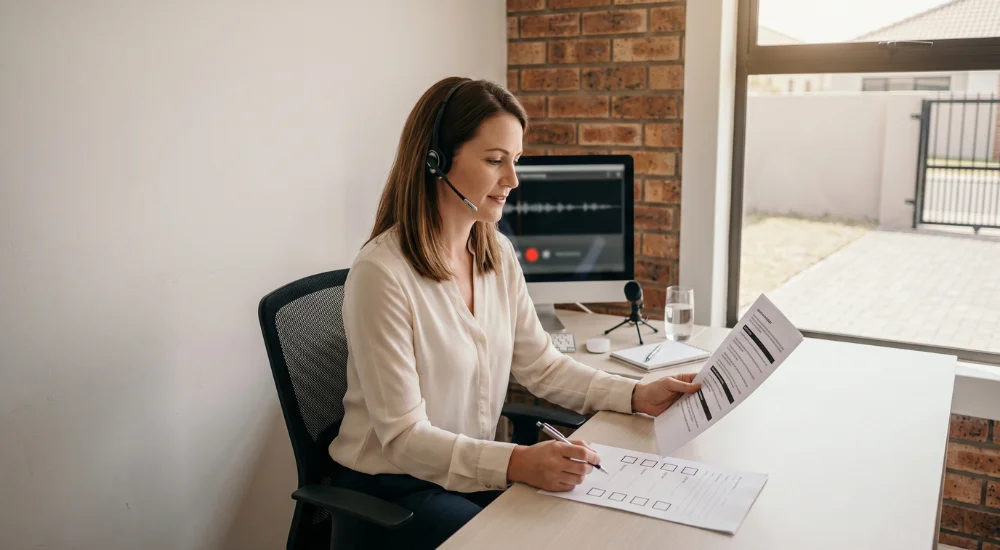 Cold Calling. Real estate agent reading a compliant call script with a Form 4 consent checklist and call recording active under POPIA Section 18.