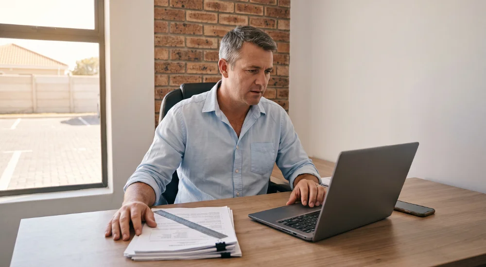Cold Calling. Sec Real estate agent comparing a printed Deeds Registry property record against purchased data broker contact data under POPIA Section 12.
