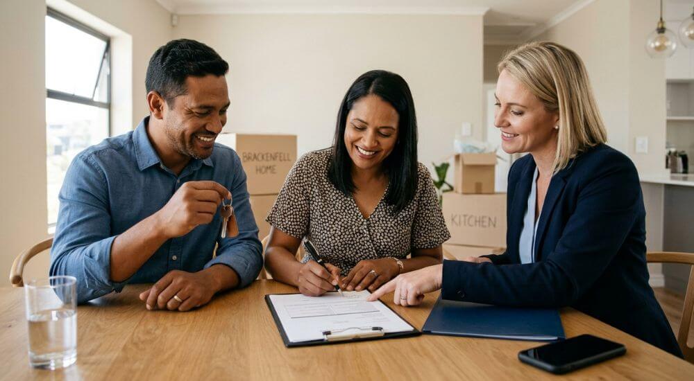 Facebook Marketing for Estate Agents in Cape Town. Brackenfell homebuyer couple signing a media consent release form with their estate agent