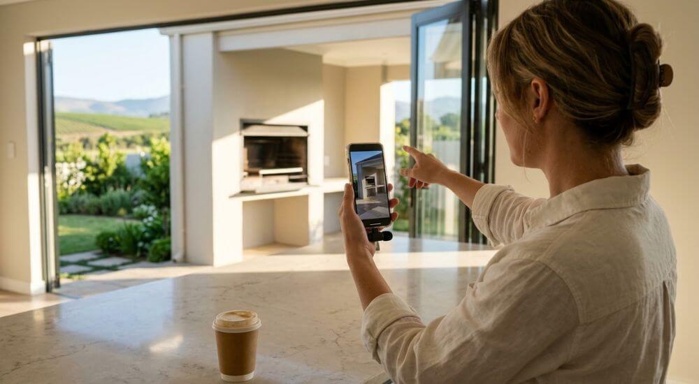 Facebook Marketing for Estate Agents in Cape Town. Estate agent filming a vertical Facebook Reel walkthrough of a home