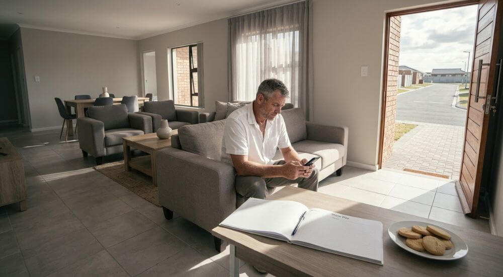 Facebook Marketing for Estate Agents in Cape Town. Estate agent sitting alone while checking a phone, illustrating low Facebook reach