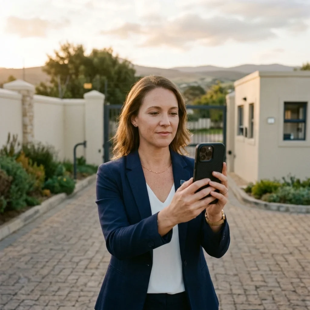 Facebook Marketing for Estate Agents in Cape Town. Female estate agent filming a vertical property video on her phone