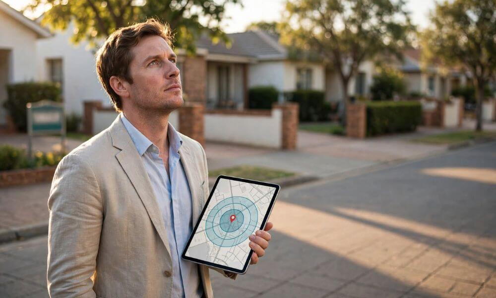 Google Ads Blueprint for Northern Suburbs Estate Agents. Estate agent viewing a radius map on a tablet in a suburban street