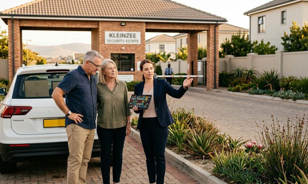 Google Ads Blueprint for Northern Suburbs Estate Agents. Gauteng couple and estate agent at a Durbanville security estate gate