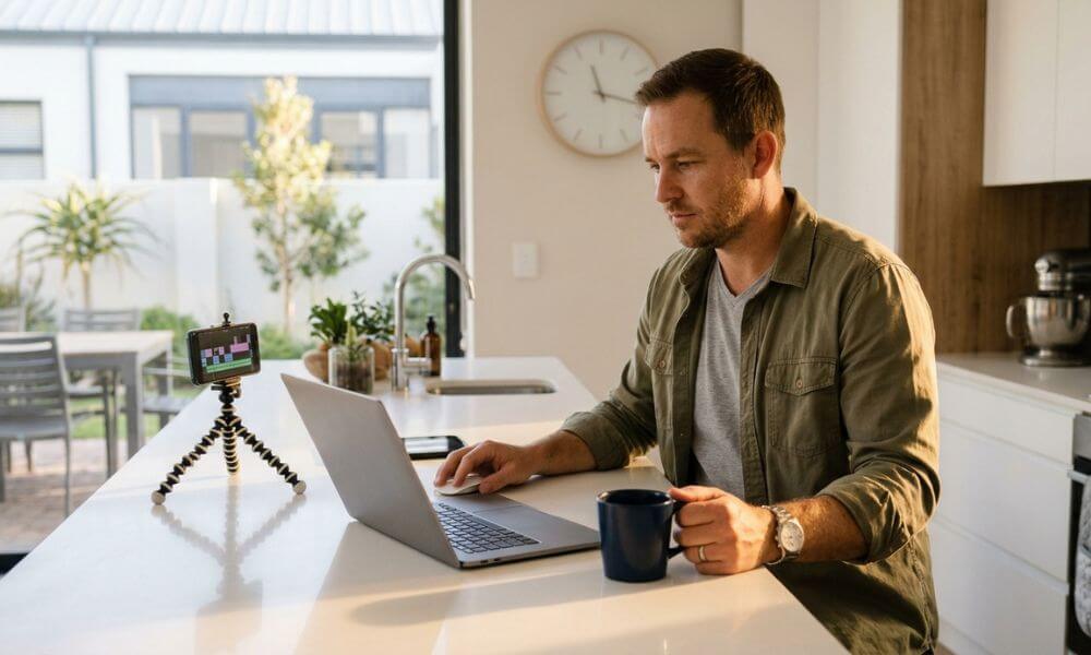 Instagram Marketing for Cape Town Estate Agents. Estate agent editing a batch of Instagram Reels on a laptop