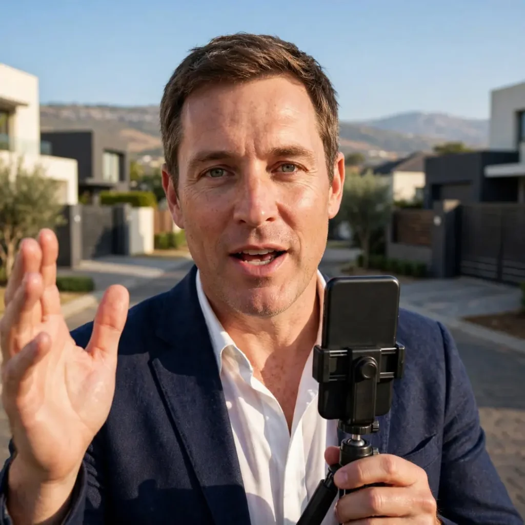 Instagram Marketing for Cape Town Estate Agents. Estate agent filming an Instagram Reel on a smartphone tripod