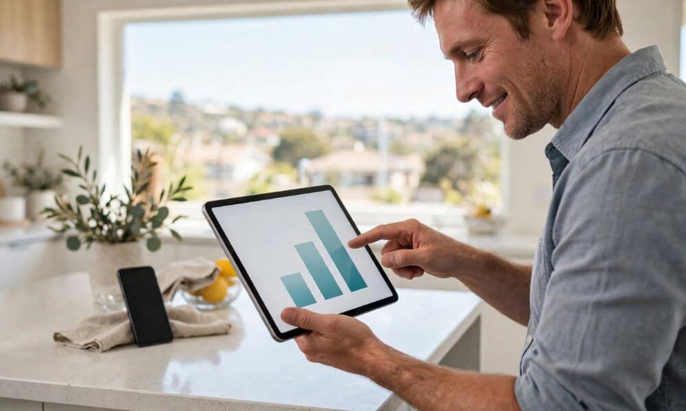 Instagram Marketing for Cape Town Estate Agents. Estate agent reading Instagram Reel reach analytics on a tablet