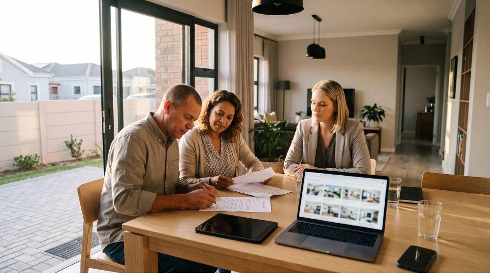 Northern Suburbs estate agents. Brackenfell estate agent and homeowner couple signing a sole mandate agreement illustrating permission-based inbound seller attraction