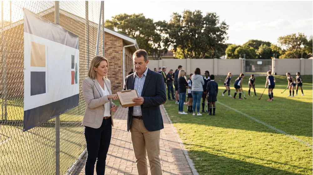 Northern Suburbs estate agents. Estate agent and school principal reviewing an SGB-approved sponsorship document illustrating compliant geographic farming and community partnerships